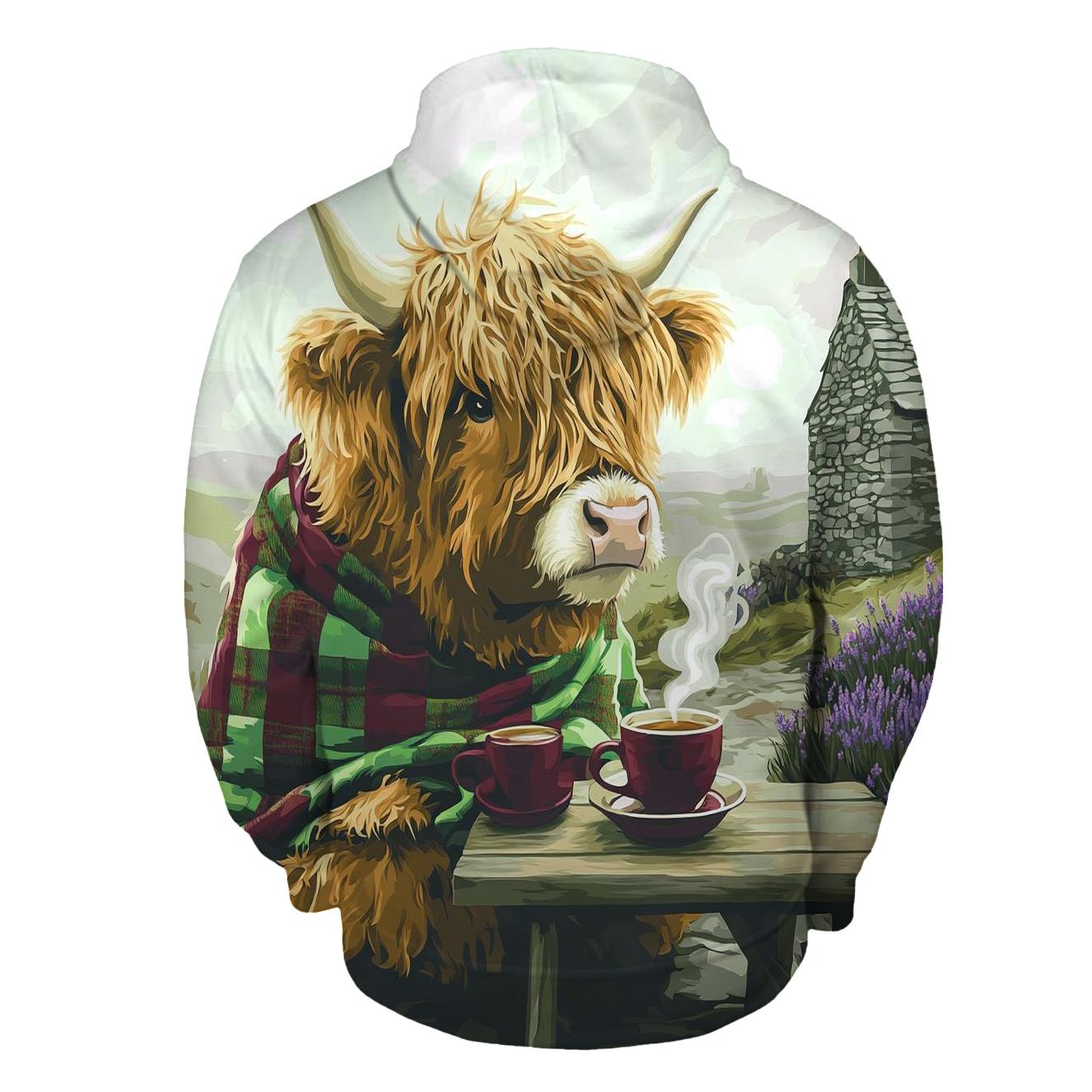 Tea Time With Highland Cow In The Croft heavyweight hoodies