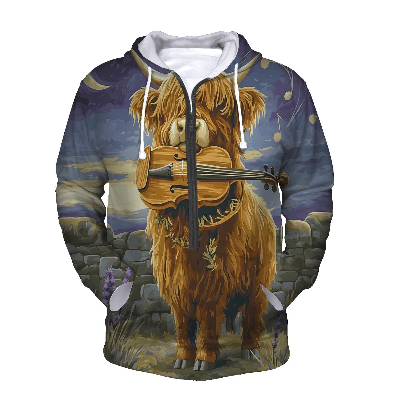 Highland Cow And The Heather Violin designer hoodies