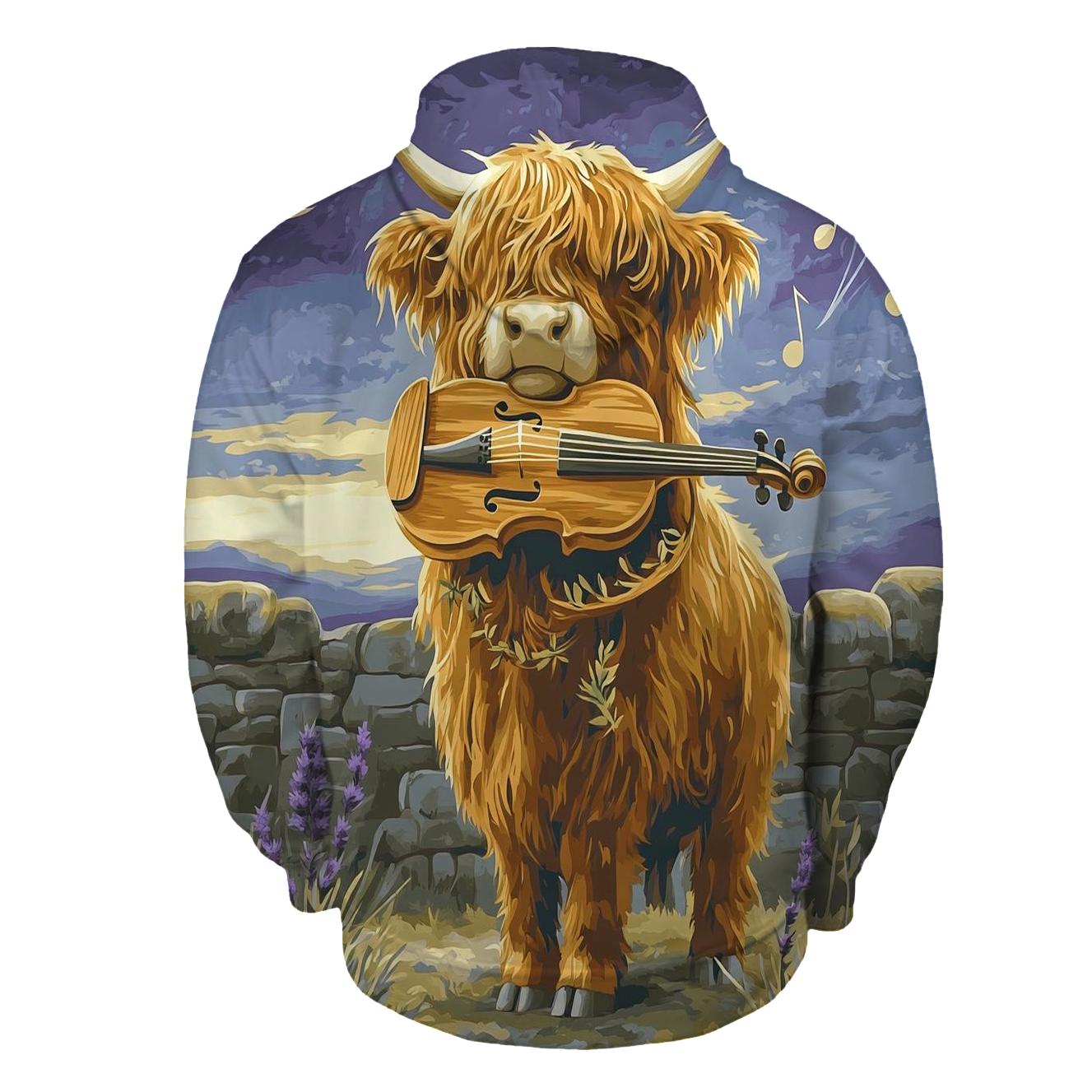 Highland Cow And The Heather Violin designer hoodies