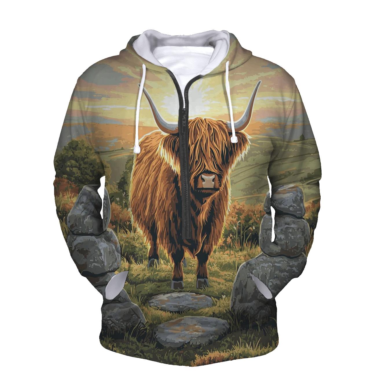 Highland Cow At The Stone Circle Dawn custom hoodies