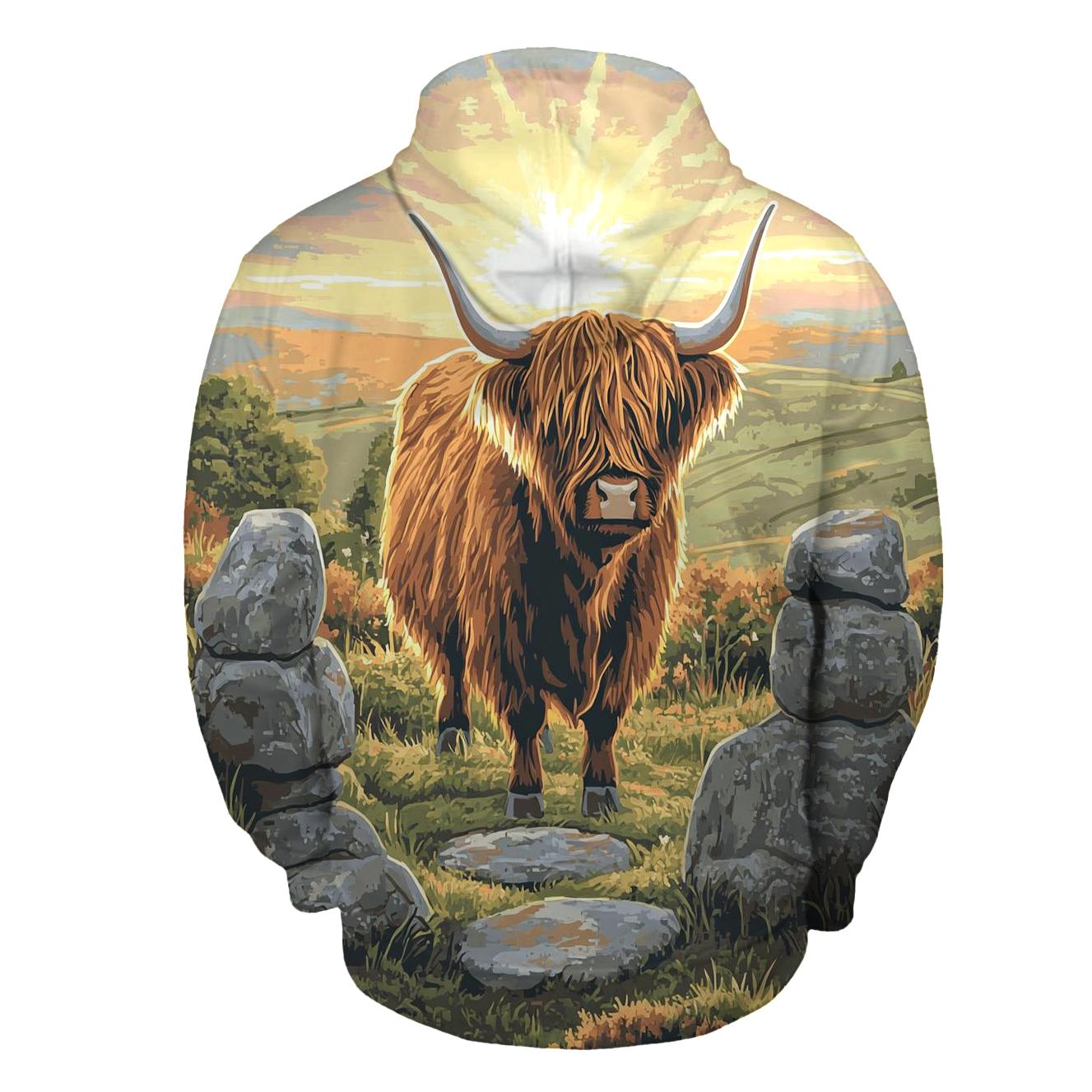 Highland Cow At The Stone Circle Dawn custom hoodies