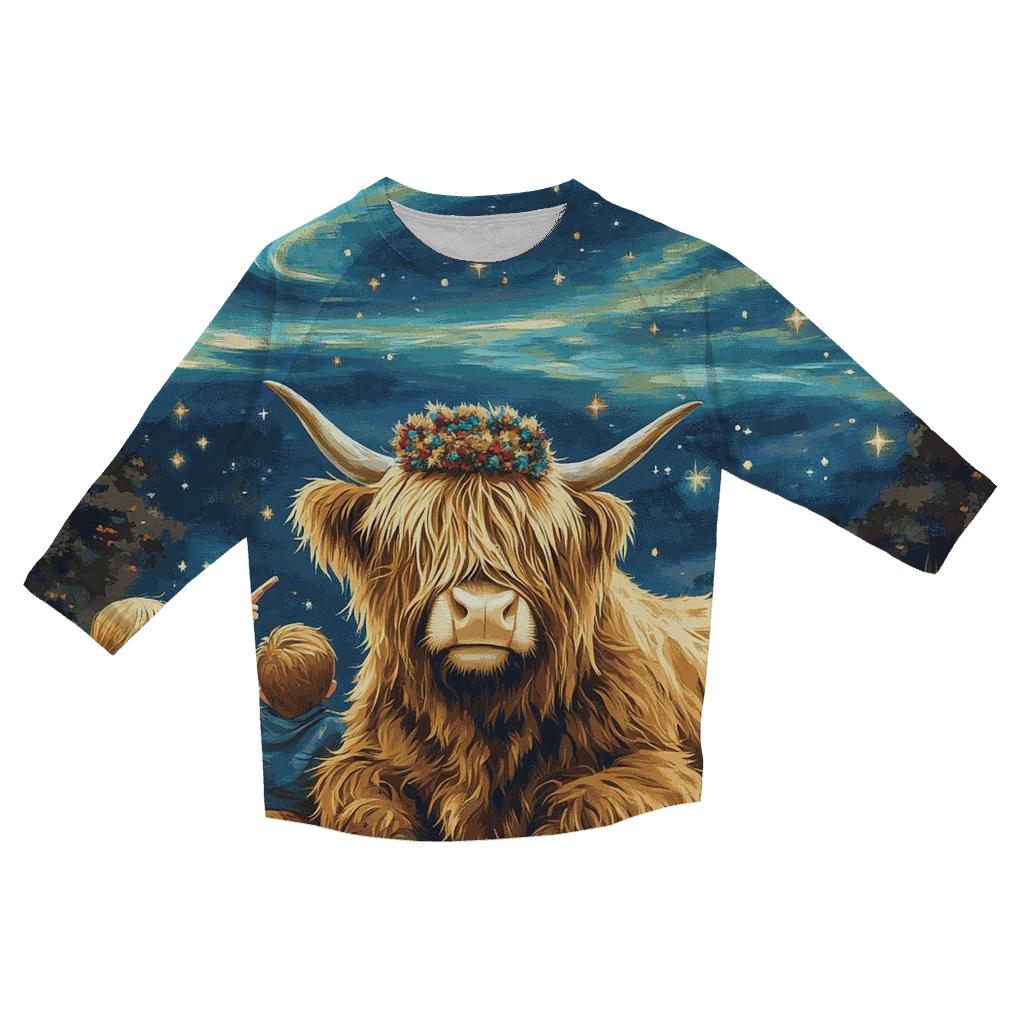 Stargazing Picnic With Highland Cow printed three quarter sleeve shirts