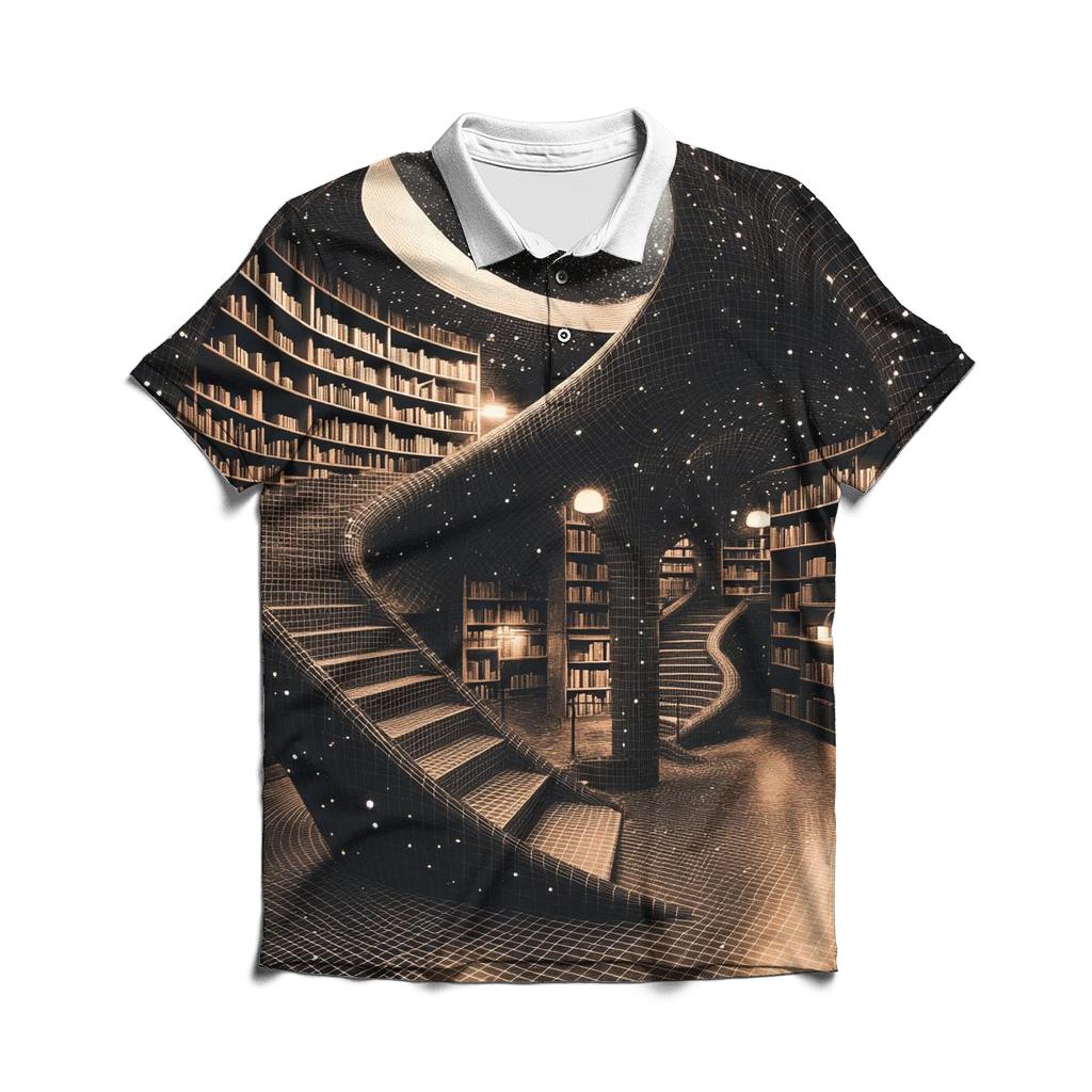 MC Escher Inspired Cosmic Library Staircase embroidered polo tops