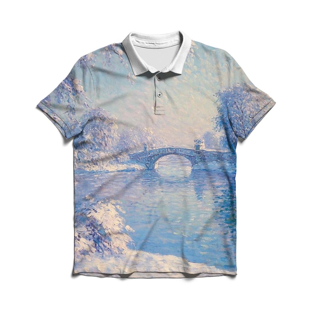 Claude Monet Inspired Aurora Over Winter River branded logo polo shirts