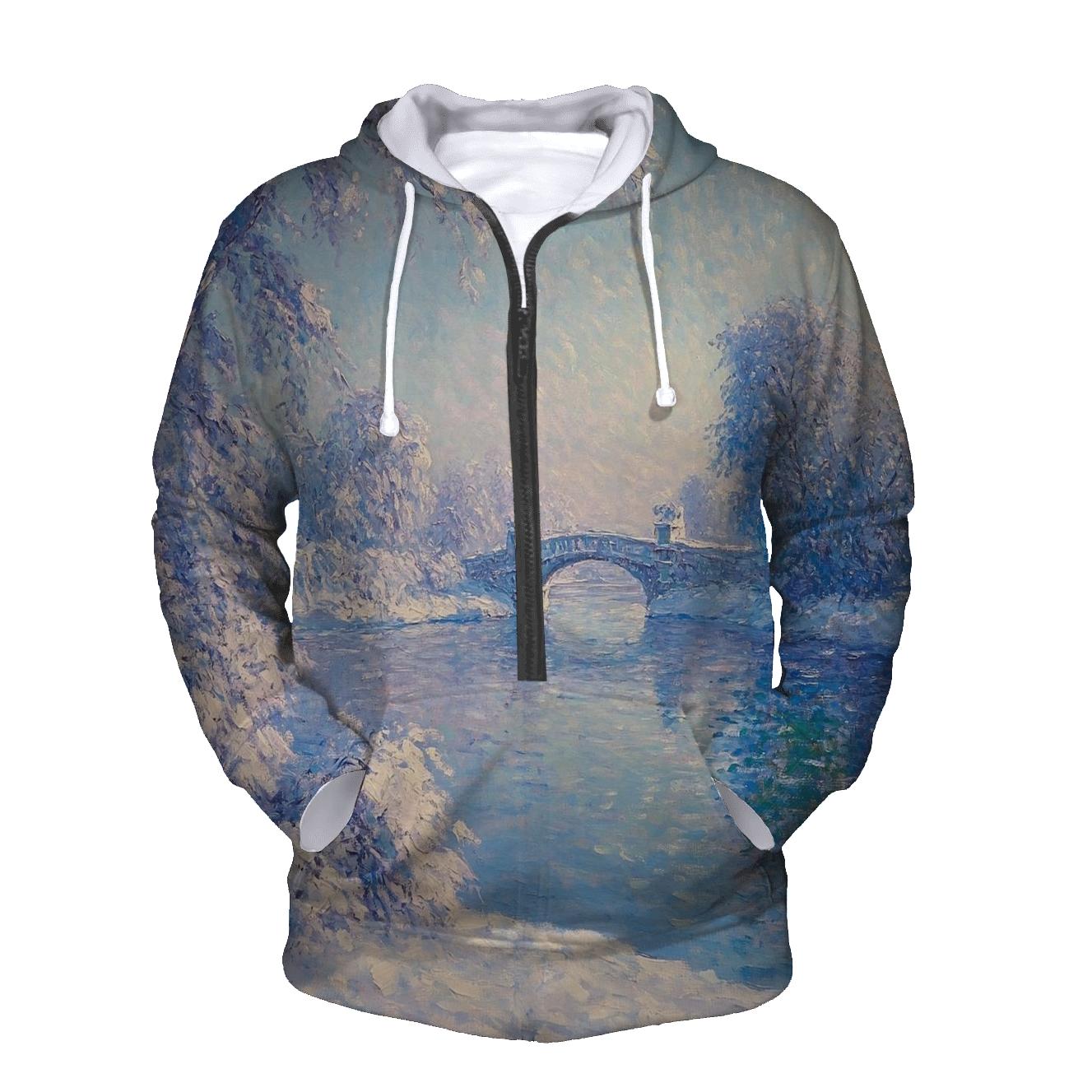 Claude Monet Inspired Aurora Over Winter River designer hoodies