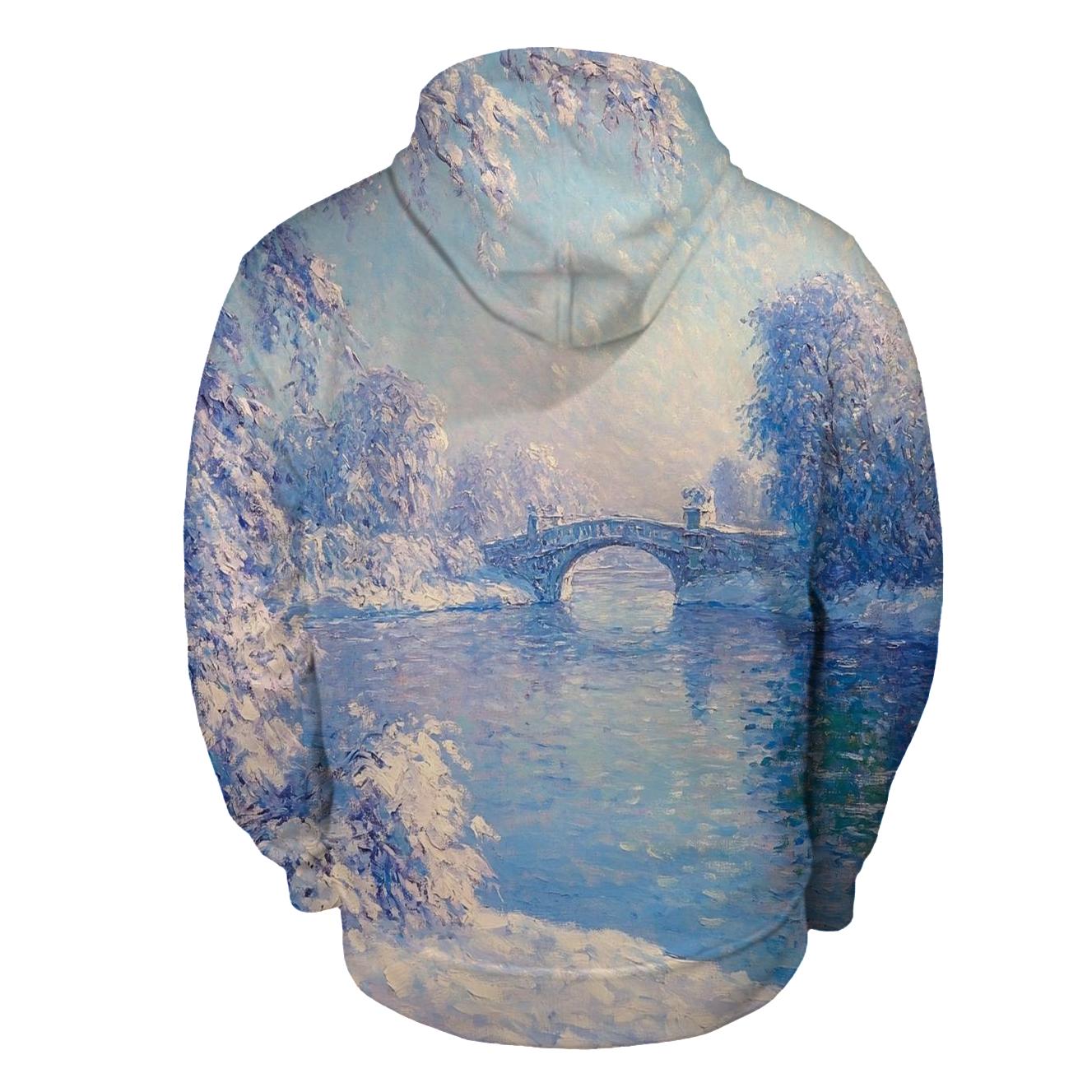 Claude Monet Inspired Aurora Over Winter River designer hoodies