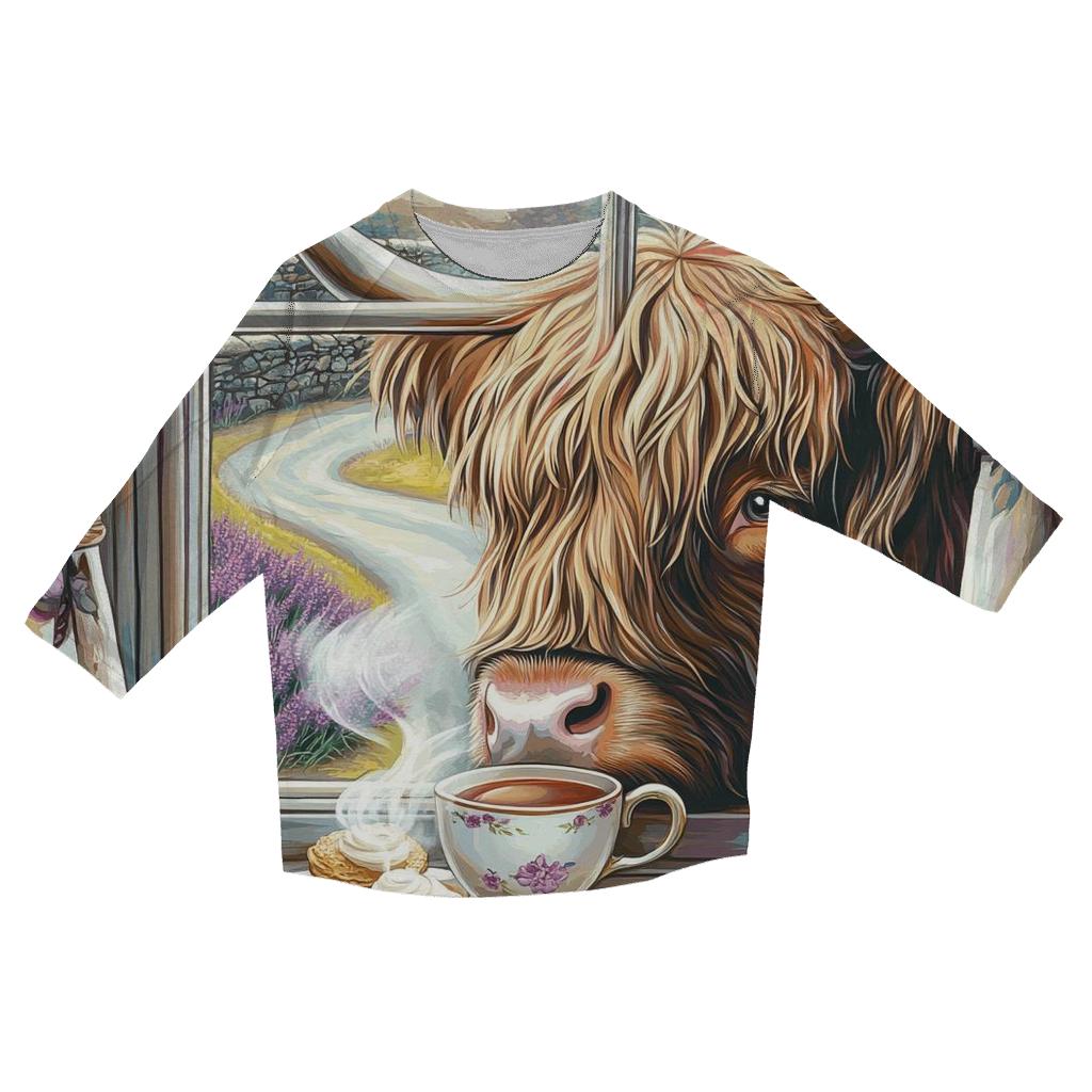 Tea Room Window Seat, Highland Cow fashion 3/4 sleeve shirts