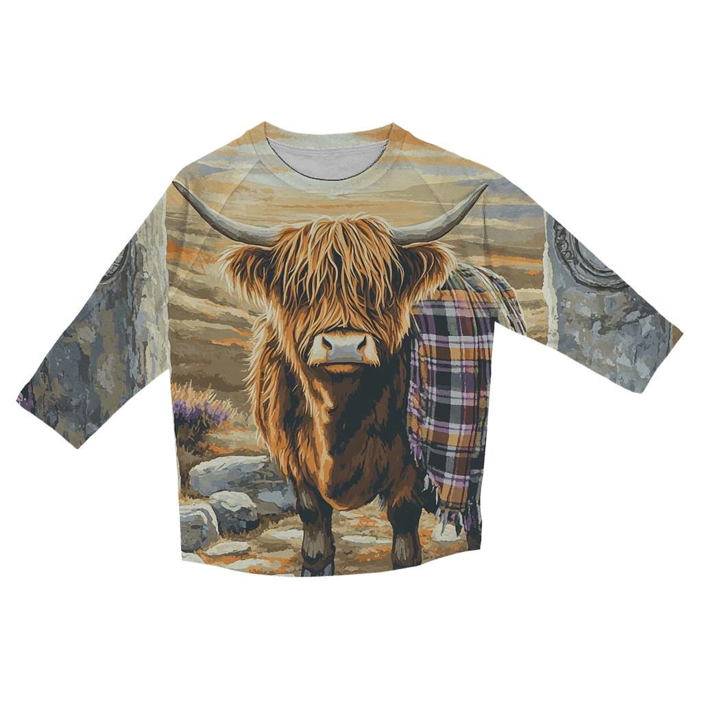 Highland Cow And The Stone Circle Keeper trendy 3/4 sleeve tops