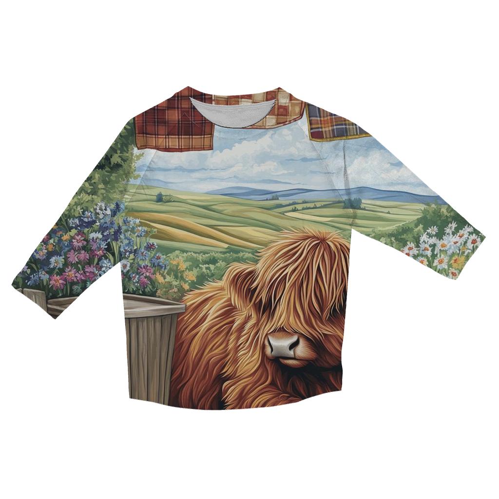 Highland Cow Under The Quilt Line trendy 3/4 sleeve tops