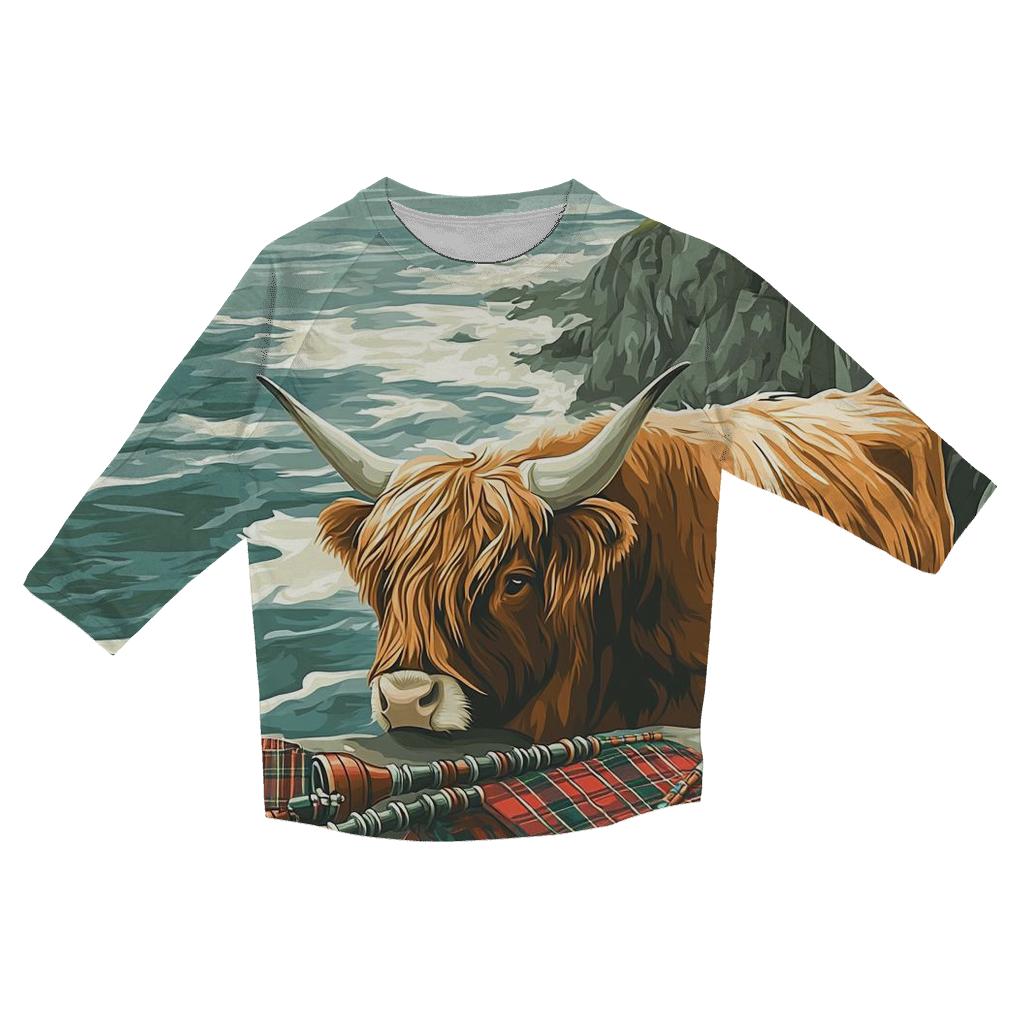 Highland Cow At The Cliffside Bagpipes personalized 3/4 sleeve tees