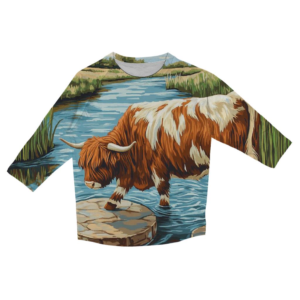 Highland Cow And The River Stepping Stones casual three quarter sleeve shirts