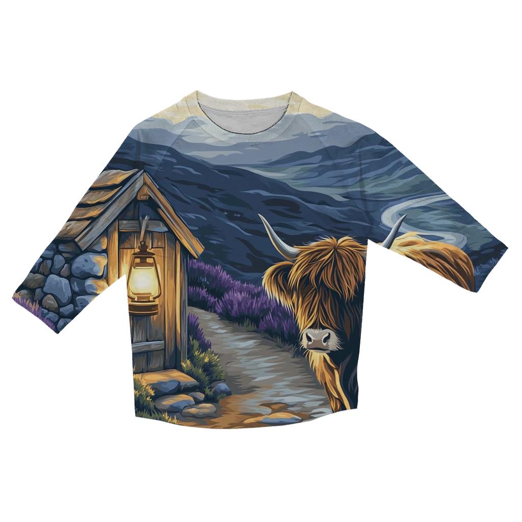 Highland Cow And The Mountain Bothy Lantern printed three quarter sleeve shirts
