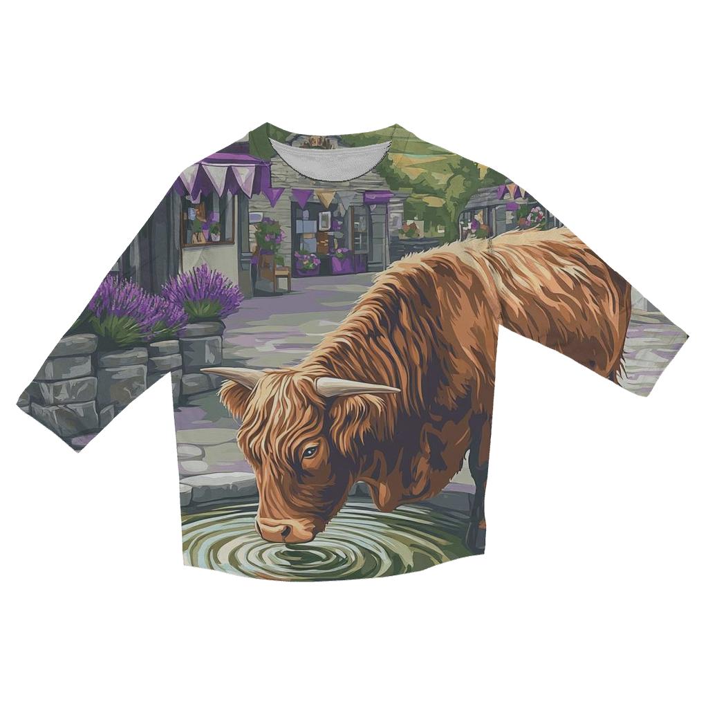 Highland Cow By The Thistle Fountain trendy 3/4 sleeve tops