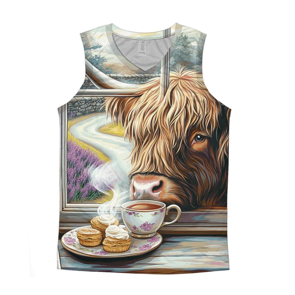 Tea Room Window Seat, Highland Cow graphic print tank tops
