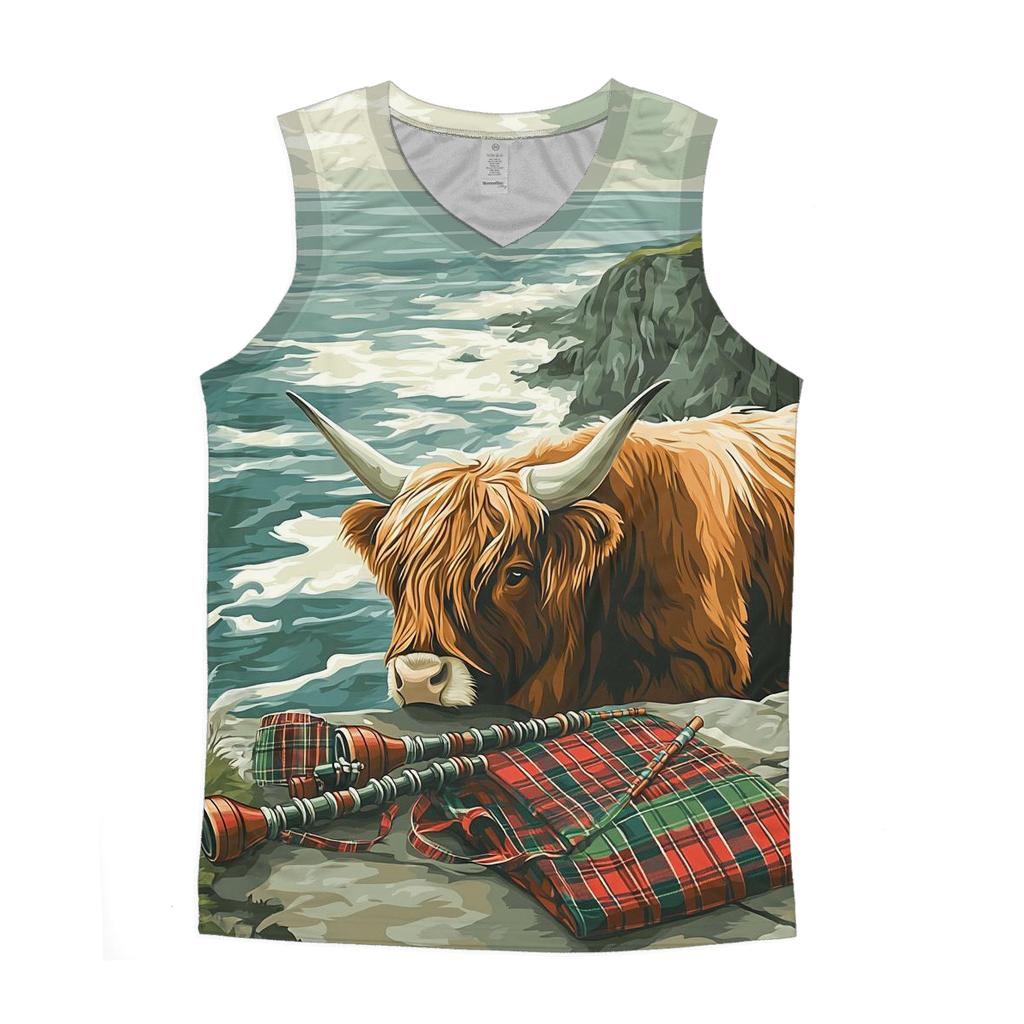 Highland Cow At The Cliffside Bagpipes sports performance tank tops