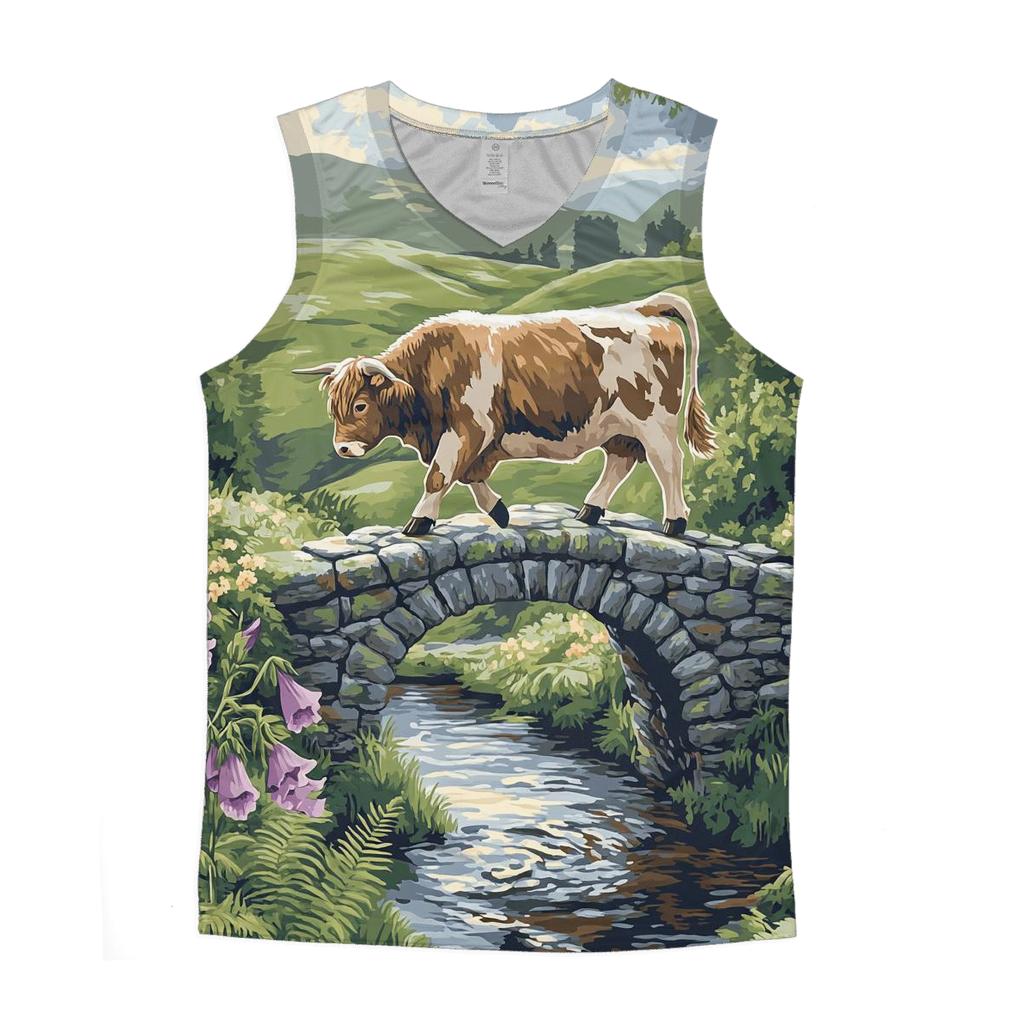 Storybook Bridge With Highland Cow graphic print tank tops