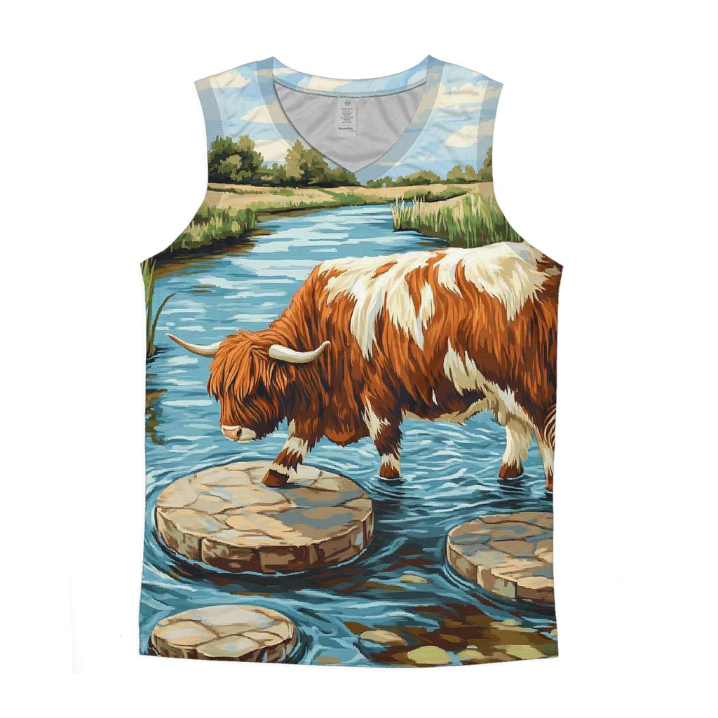 Highland Cow And The River Stepping Stones trendy fitted tank tops