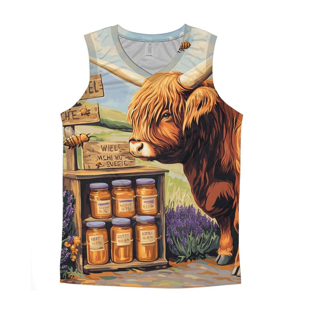 Highland Cow At The Heather Honey Stand graphic print tank tops