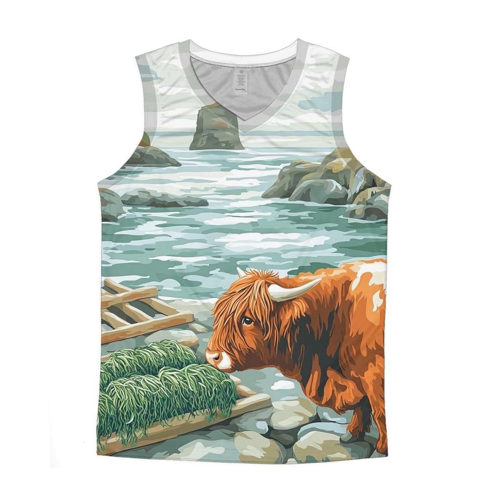 Highland Cow In The Coastal Seaweed Garden sports performance tank tops
