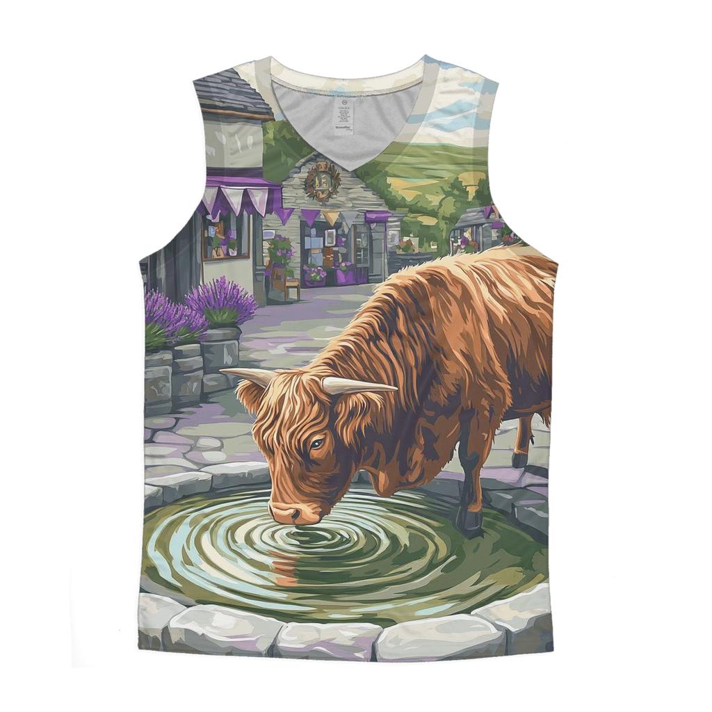 Highland Cow By The Thistle Fountain graphic print tank tops