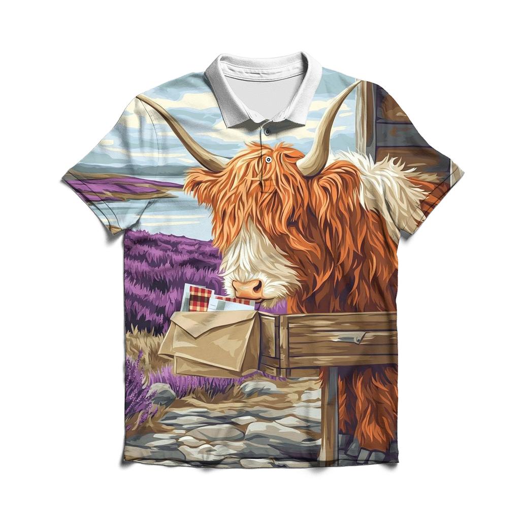 Highland Cow And The Heather Post Office personalized polo shirts