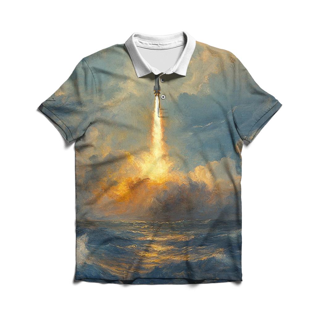 J M W Turner Inspired Rocket Launch At Sea casual sports polo shirts