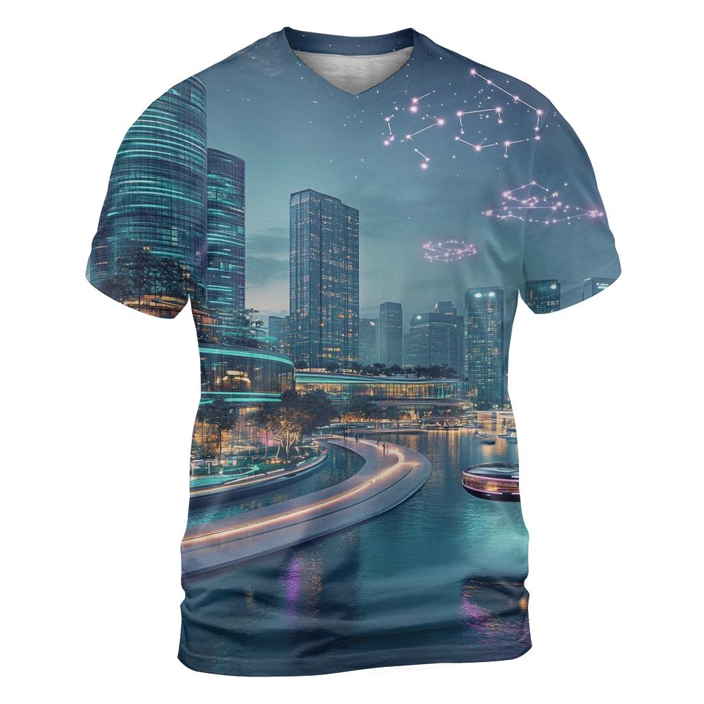 Neon Harbor Of Future Singapore artistic all-over print tops