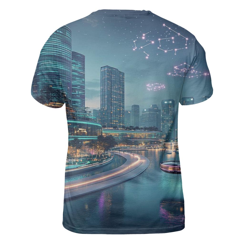 Neon Harbor Of Future Singapore artistic all-over print tops