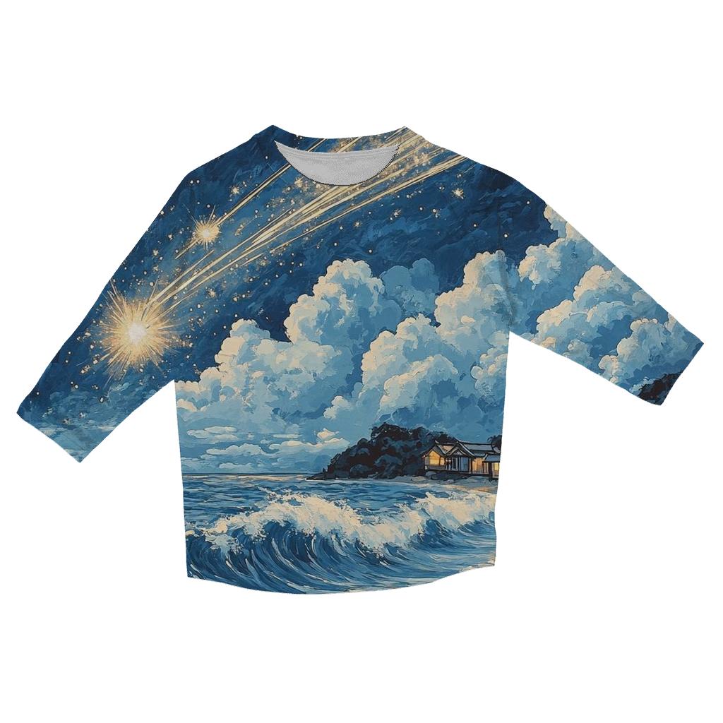 Hokusai Inspired Meteor Shower Over A Coastal Village casual three quarter sleeve shirts