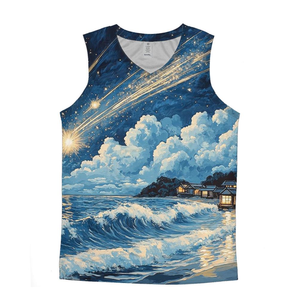 Hokusai Inspired Meteor Shower Over A Coastal Village graphic print tank tops