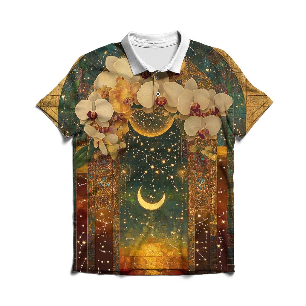 Gustav Klimt Inspired Celestial Garden Of Orchids casual sports polo shirts