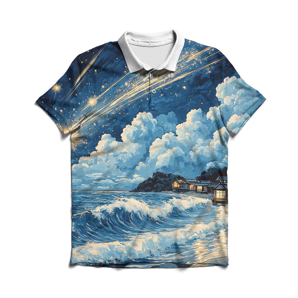 Hokusai Inspired Meteor Shower Over A Coastal Village custom polo shirts