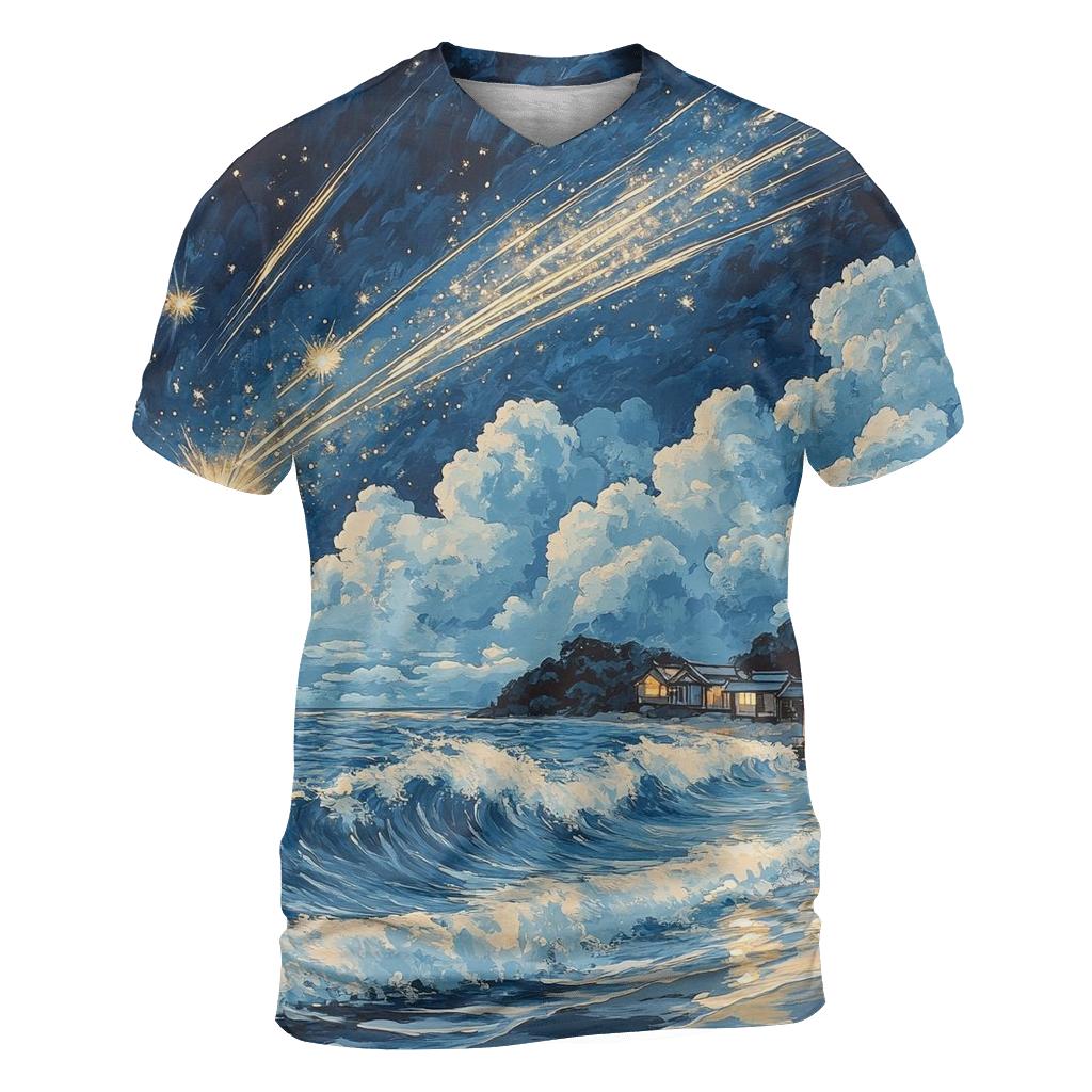 Hokusai Inspired Meteor Shower Over A Coastal Village vibrant all-over design tees