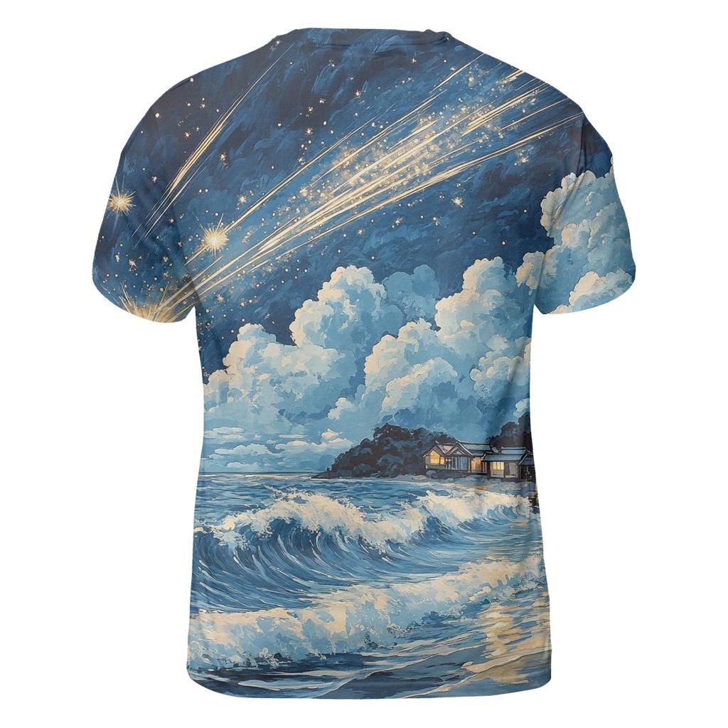 Hokusai Inspired Meteor Shower Over A Coastal Village vibrant all-over design tees
