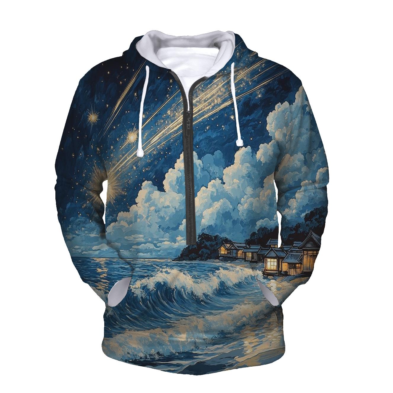 Hokusai Inspired Meteor Shower Over A Coastal Village hoodies fashion