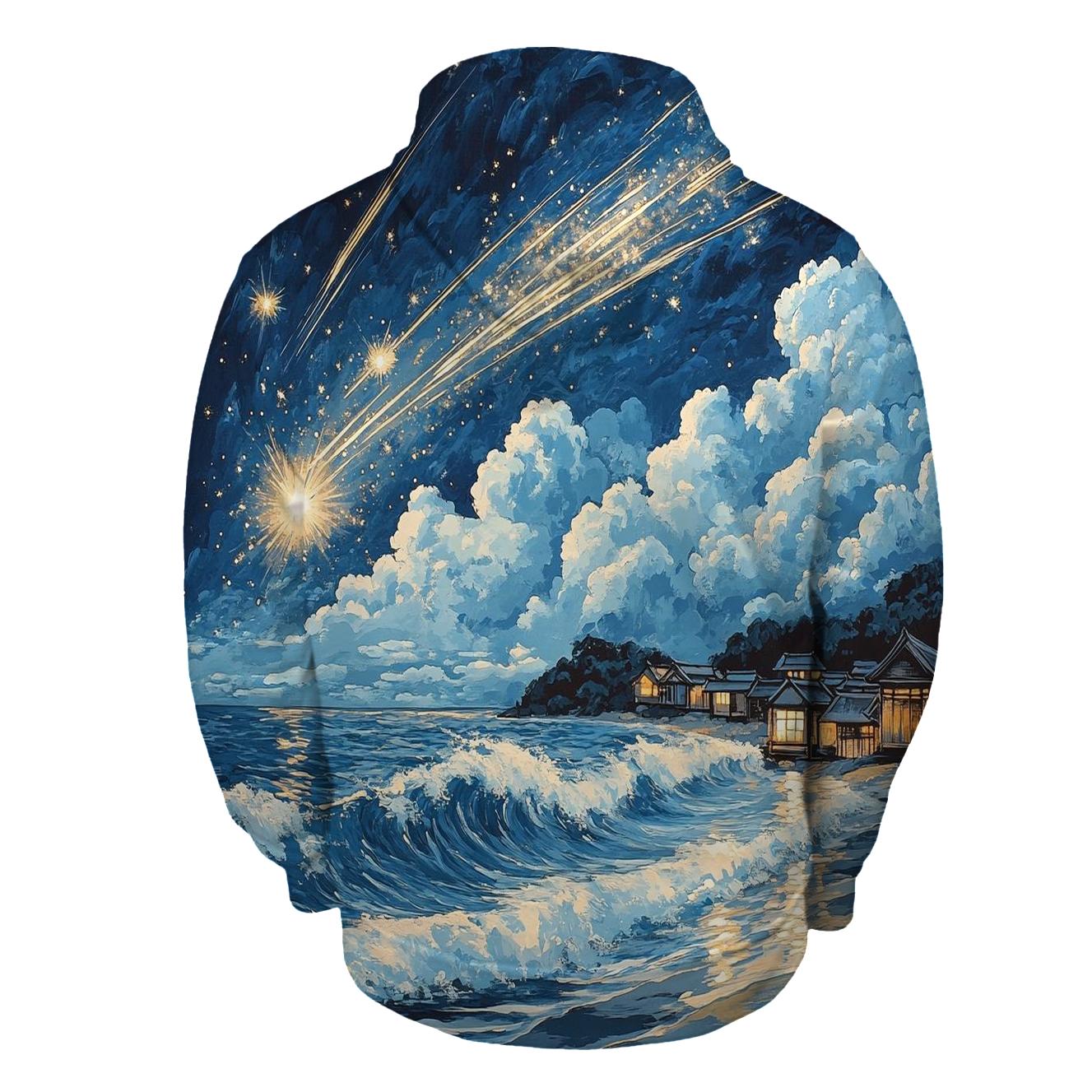 Hokusai Inspired Meteor Shower Over A Coastal Village hoodies fashion
