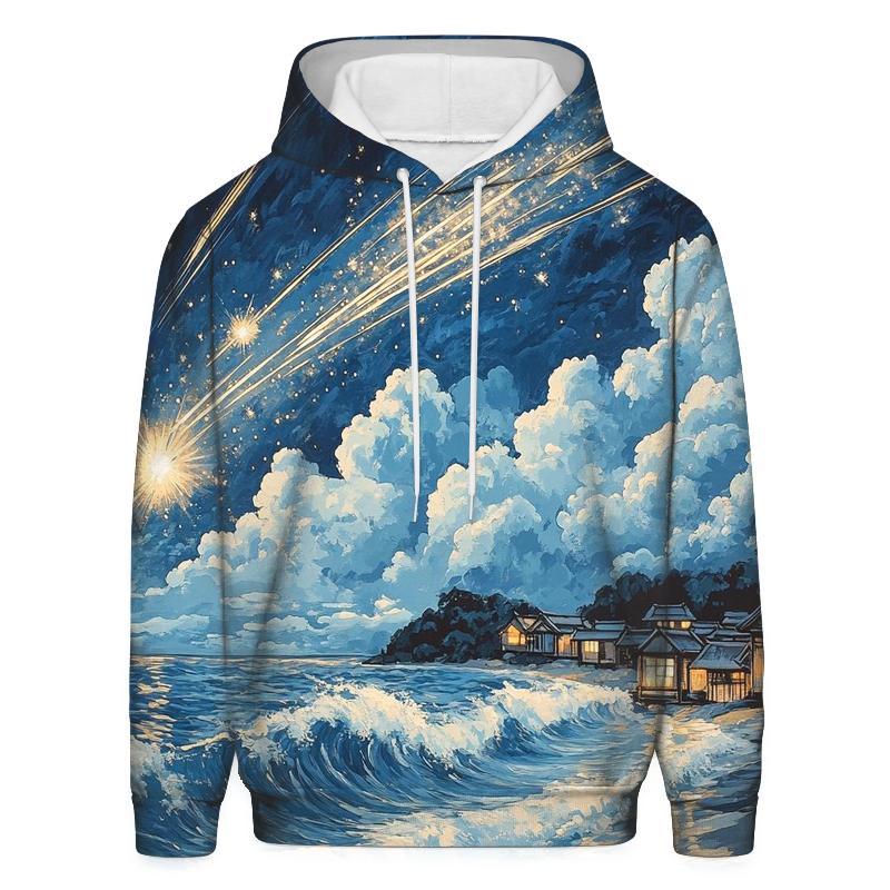 Hokusai Inspired Meteor Shower Over A Coastal Village designer hoodies