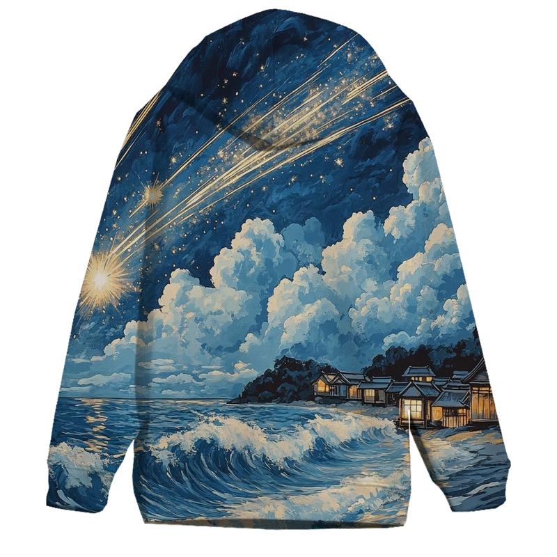 Hokusai Inspired Meteor Shower Over A Coastal Village designer hoodies