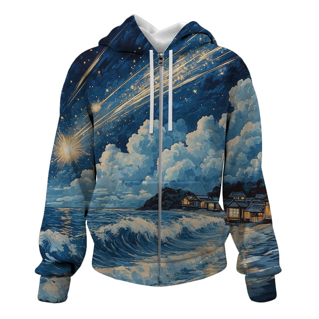 Hokusai Inspired Meteor Shower Over A Coastal Village heavyweight hoodies