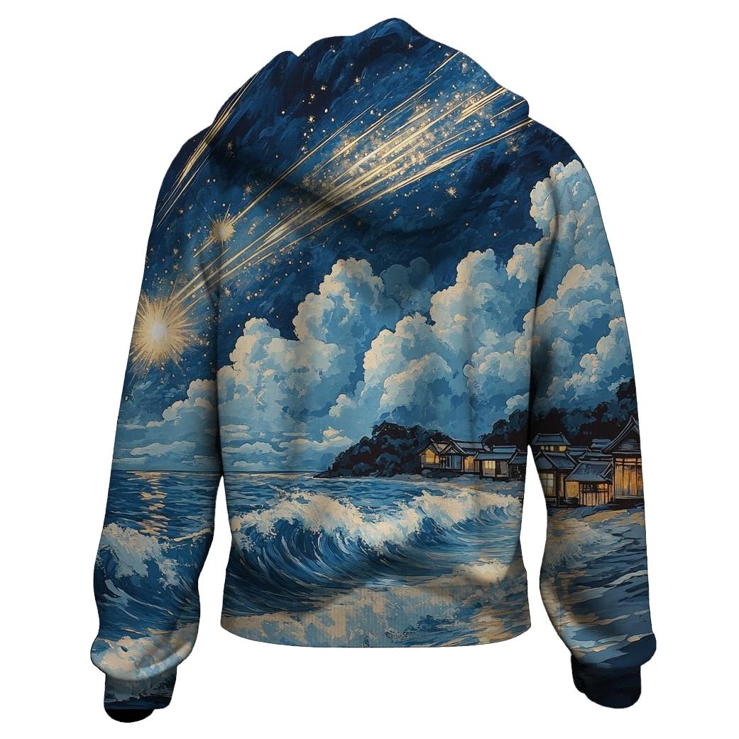 Hokusai Inspired Meteor Shower Over A Coastal Village heavyweight hoodies
