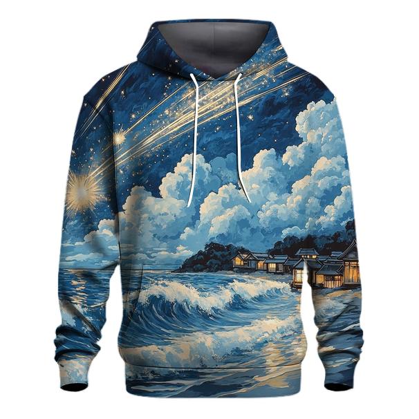 Hokusai Inspired Meteor Shower Over A Coastal Village printed hoodies
