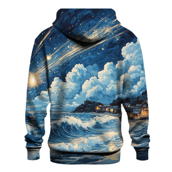 Hokusai Inspired Meteor Shower Over A Coastal Village printed hoodies