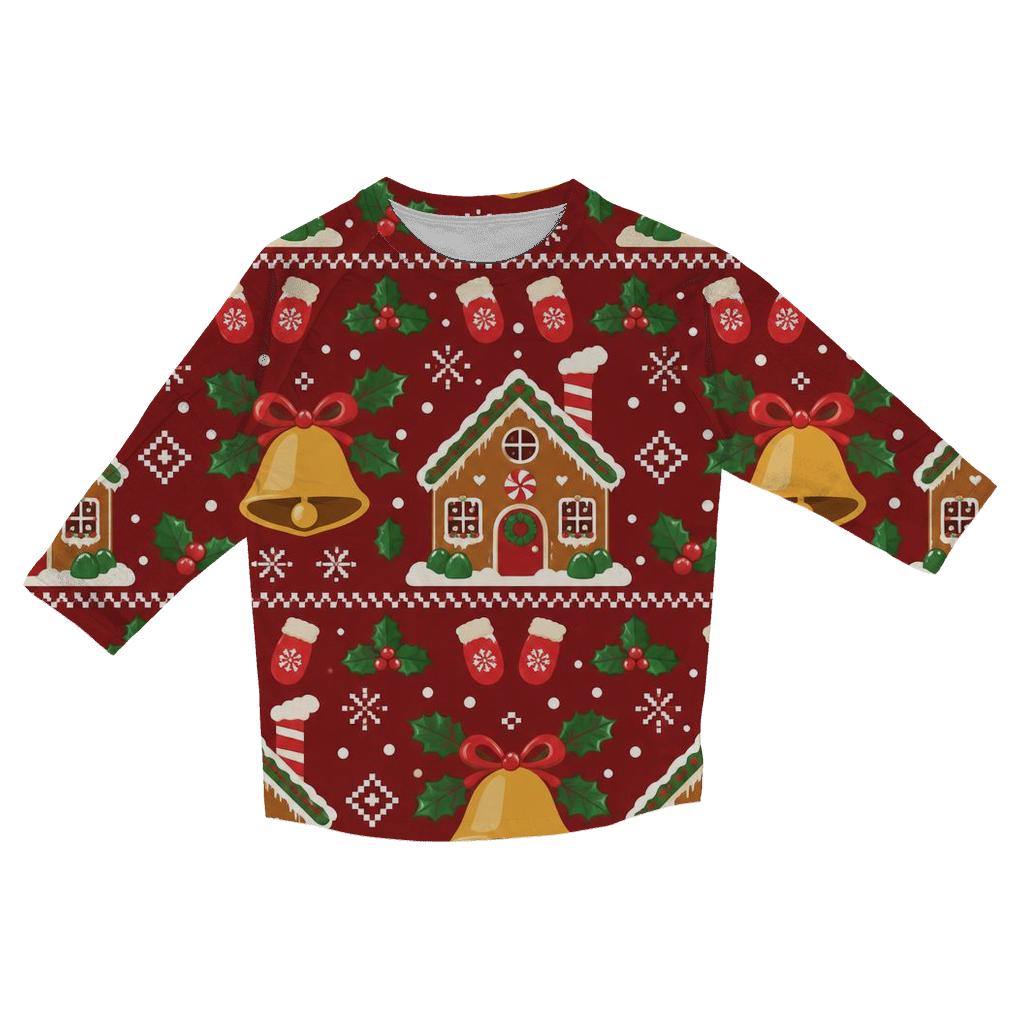 Gingerbread Bell Chimney Rows Design printed three quarter sleeve shirts [AI-bc1f23c1-58929e2f6aac]