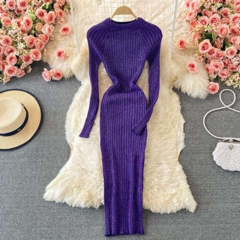 O-Neck Winter Knitted Bodycon Sweater Dress-Soco Hoodie