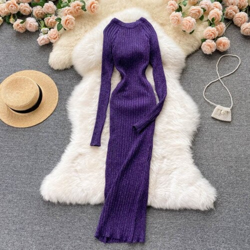O-Neck Elastic Warm Knitted Sweater Dress-Soco Hoodie