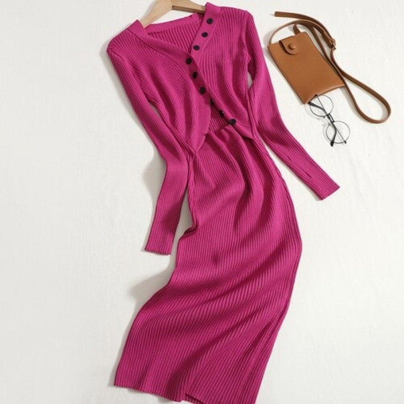 Elegant Hollow Out V-neck Long Sweater Dress For Women-Soco Hoodie