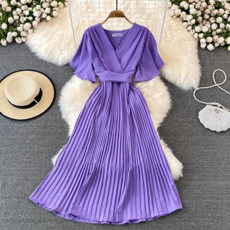 Elegant Solid Color V-neck Short Sleeve Dress For Women-Soco Hoodie