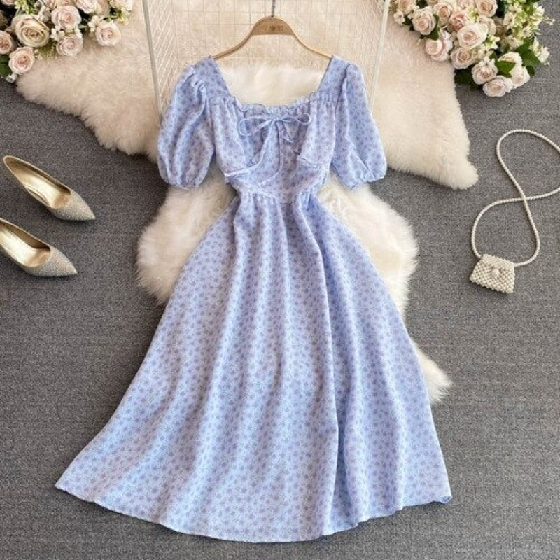 High Waist Floral Chiffon Short Sleeve Dress For Women-Soco Hoodie