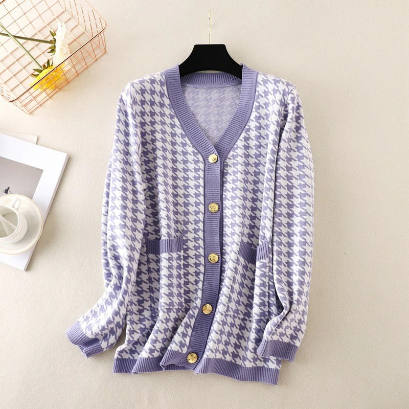 Elegant Houndstooth Knit Oversized Cardigan For Women-Soco Hoodie