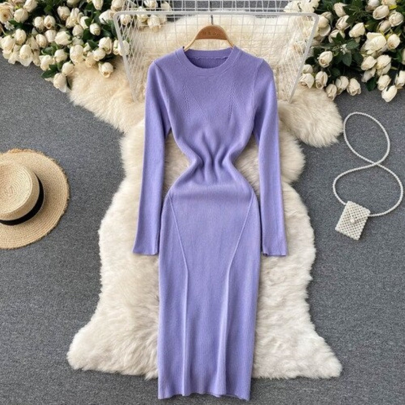 Elegant O Neck Tight Stretch Knit Dress For Women-Soco Hoodie